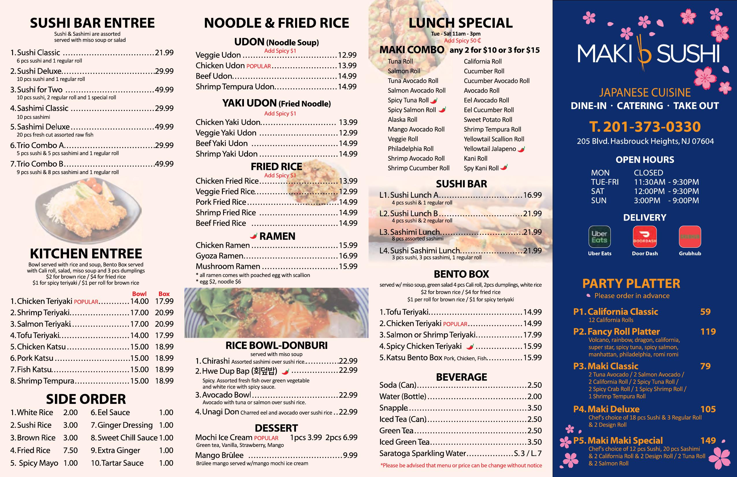 Maki Sushi menu page 1: sushi and kitchen entrees, noodles, rice bowls, lunch specials, beverages and party platters