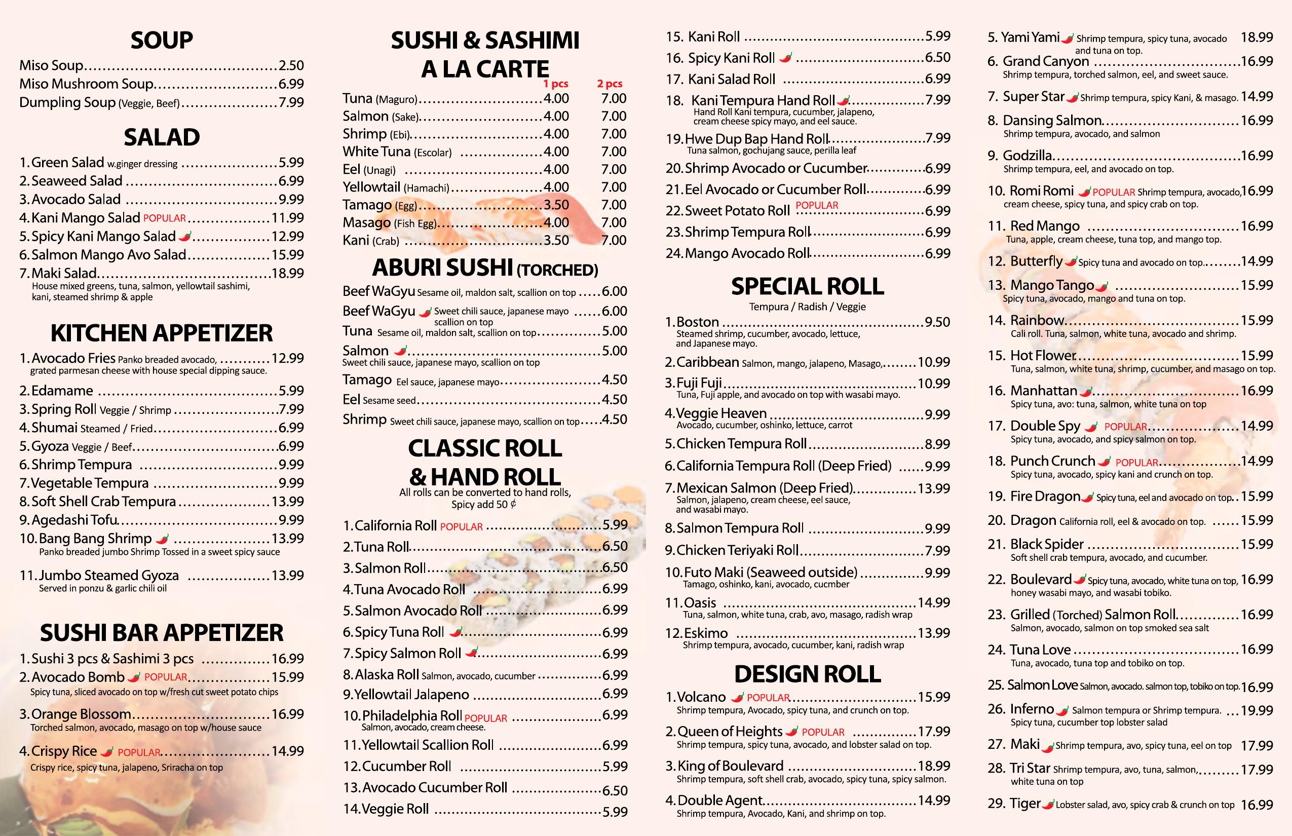 Maki Sushi menu page 2: soups, salads, appetizers, sushi, sashimi, classic rolls, special rolls and design rolls