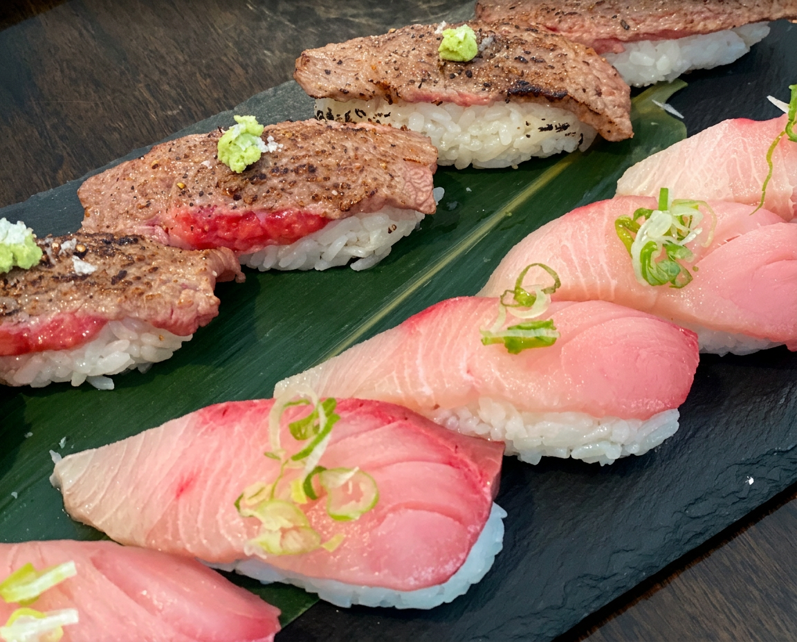 Fish and seared beef nigiri with scallions and wasabi