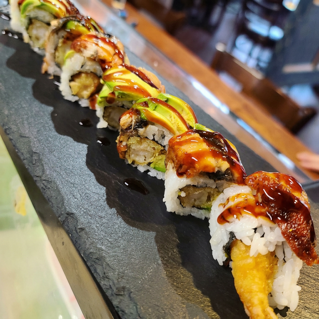 Glazed sushi rolls with avocado on a slate platter